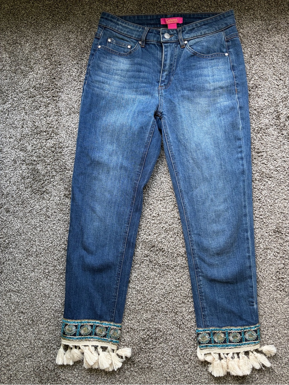 Catherines Blue Cropped Jeans with Embellished Tassel Hem
